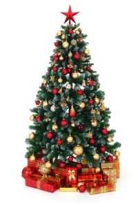 Artificial green Christmas tree, decorated with electric lights, red and golden ornaments, lots of presents under the tree