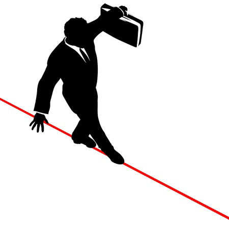 A business man walks a high wire tightrope, above risk and danger, the businessman balances with a briefcase