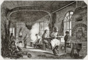 Old illustration of tempering and bronzing workshop in antique needle factory. By unidentified author, published on Magasin Pittoresque, Paris, 1850