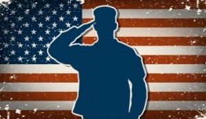 US Army soldier saluting on grunge american flag vector