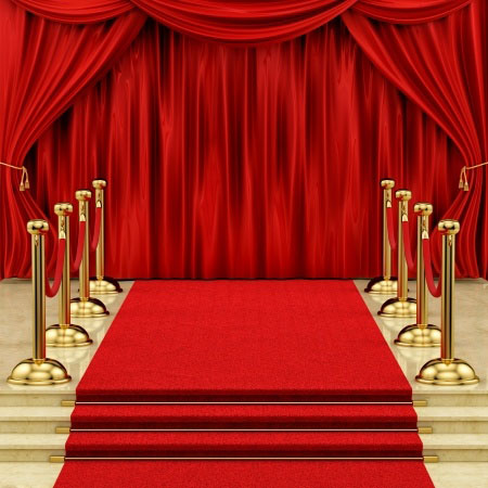 render of a red carpet with gold stanchions and curtains