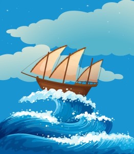 Illustration of a ship above the giant waves