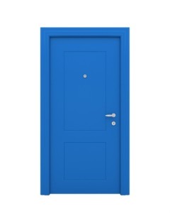 The closed blue door with the handle, the lock isolated on a white background.