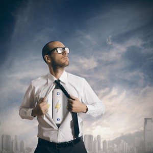 Concept of power in business with battery pack under the shirt