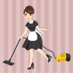 Lovely housewife with vintage maid dress cleaning using vacuum cleaner