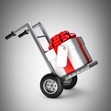 Red hand truck with Gift box 3d illustration