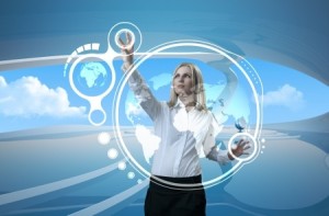 Attractive blonde on future background (outstanding business people in interiors : interfaces series)