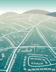 Editable illustration of a generic street map and green hills