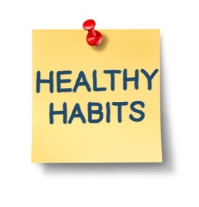 Healthy habits office note representing the concept of good health oriented behavior routine that involves mental and phisical health choices for human well being and a successful lifestyle.