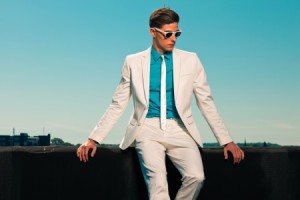 19879480 - retro fifties summer fashion man with white suit and sunglasses