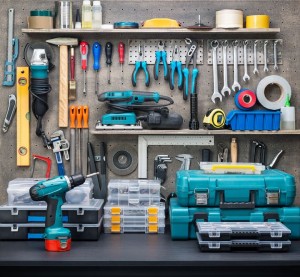 30409695 - workshop scene.  tools on the table and board.