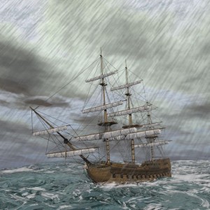 25247226 - old ship lost in the middle of a raining storm on ocean