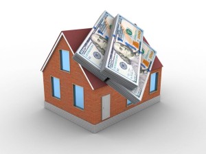 85569344 - 3d illustration of bricks house over white background with money