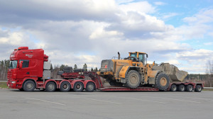 Scania 164G Semi Truck Transports Wheel Loader as Oversize Load