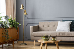 Real photo of a couch with pillows standing behind a small table