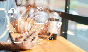 Abstract digital marketing. Man using mobile global network conn