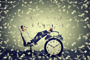 business woman relaxing sitting in her office under money rain