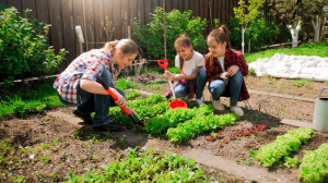 Happy young woman with daughters planting seeds in garden