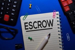 ESCROW write on book isolated on wooden table. Medical or Finance concept