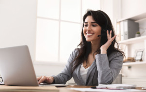 Work In Callcenter. Female Secretary With Headset