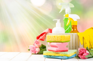 Spring cleaning concept - cleaning products, gloves