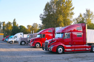 Various types of trucks in the parking lot next to the motorway.