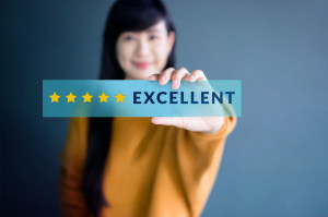 Customer Experience Concept, Happy Woman Show Excellent Rating w