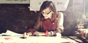 Architecture Woman Working Blue Print Workspace Concept