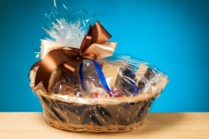 19116725 - gift in a basket against blue background