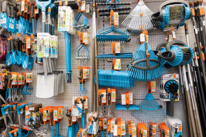 ST. PETERSBURG, RUSSIA - MARCH, 2019: shelf of a garden shop with the tools to care for a plot of land works.