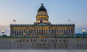 Illuminated building of Utah State Capitol in the early evening