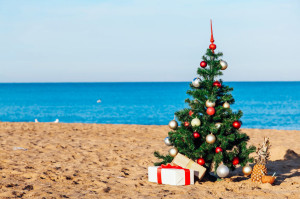 Christmas on the beach with gifts new year