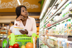 Unhappy African American Woman Holding Grocery Shopping List In Supermarket