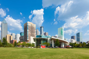 World of Coca Cola and skyline of buildings in downtown Atlanta.
