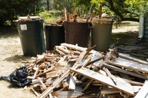 Piles of wood on ground and in garbage pails from removing a dec