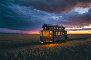 small wooden home on wheels in middle of prairies tiny house in evening