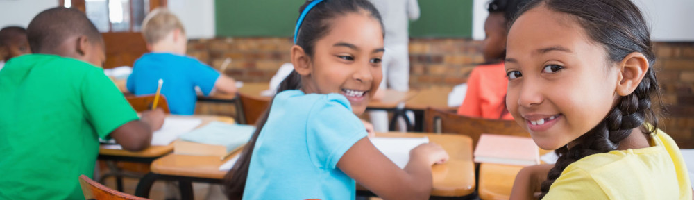 Cute pupils smiling at camera in classroom at the elementary school