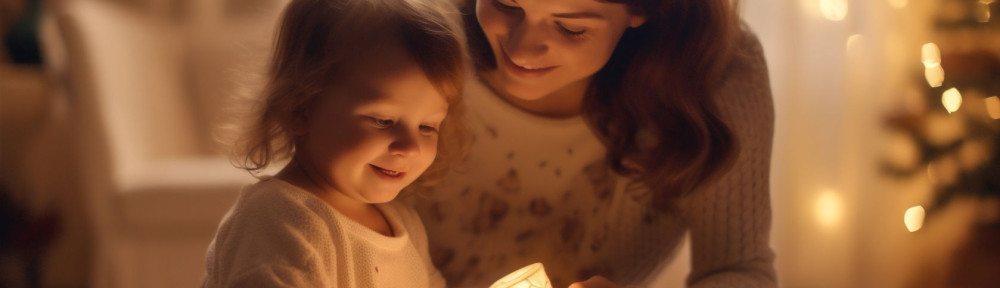 family kid lights year caucasian new present christmas holiday gift. Generative AI.