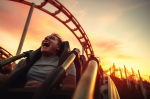 Stunned enthusiastic happy funny shocked amazed wonder screaming yelling male guy open mouth wide scream shout yell joyful young man riding rollercoaster amusement park amazing attraction fun holiday