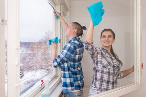 Smiling young couple cleaning windows