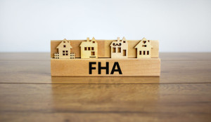 FHA, federal housing administration symbol. Wooden block with word 'FHA, federal housing administration' near miniature houses. Beautiful white background, copy space. Business and FHA concept.