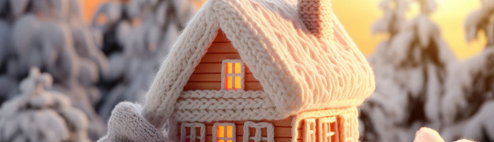 concept of energy saving heat in the house. knitted house on a winter background. ai generative