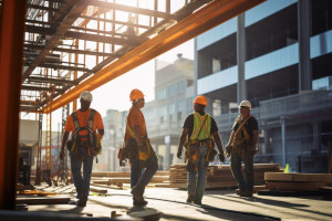 Construction workers in safety gear stride through an illuminated site, secure construction