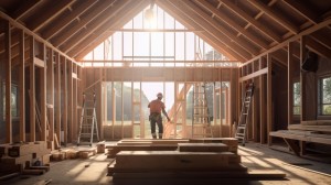 Craftsman and carpenter working on construction site at new house