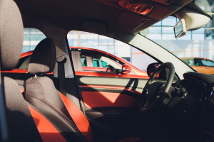View of row new car at new car showroom.