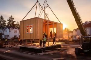 Construction workers assembling a prefabricated house, A construction worker assembling a prefabricated house in an Arctic settlement, AI generated
