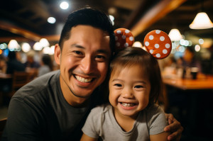 Father and daughter smiling at the camera.