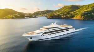 Luxury yacht cruising through serene waters at sunset near coastal mountains. Generative AI